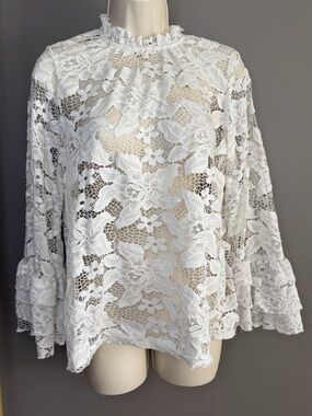 Cloud & Sky White Lace Ruffle Blouse XL Sheer Romantic Boho FP Style Bell Sleeve